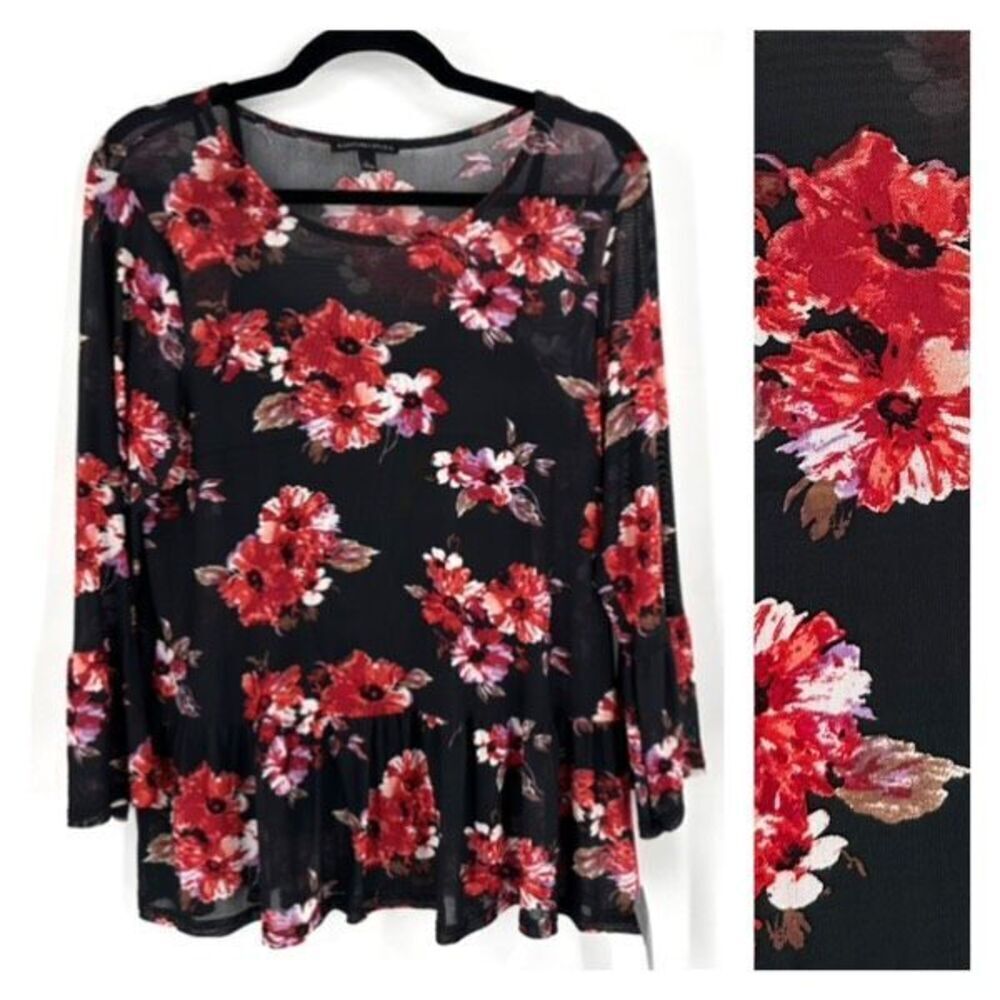 NWT Signature Studio‎ Women's Floral Bell Sleeve Blouse Rose Large Sheer Mesh